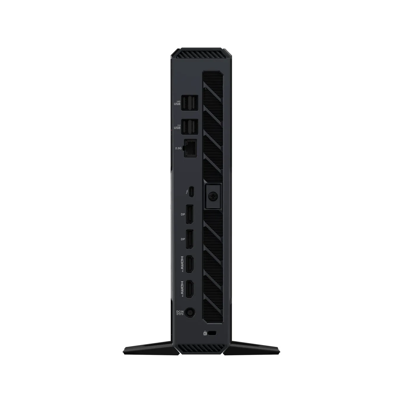 黒いデスクトップPCの側面図です。USBポート、2.5Gポート、DPポート、HDMIポート、DCINポートなど、さまざまなポートが側面に見えます。