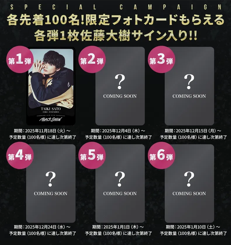 佐藤大樹のフォトカードプレゼントキャンペーンの告知画像。各弾先着100名にサイン入りフォトカードがもらえる。第1弾は佐藤大樹の写真。第2弾から第6弾はCOMING SOONと表示されている。