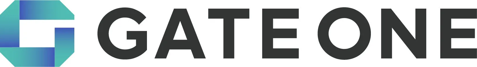 Gate Oneのロゴ。幾何学的なGの形と黒いテキスト。