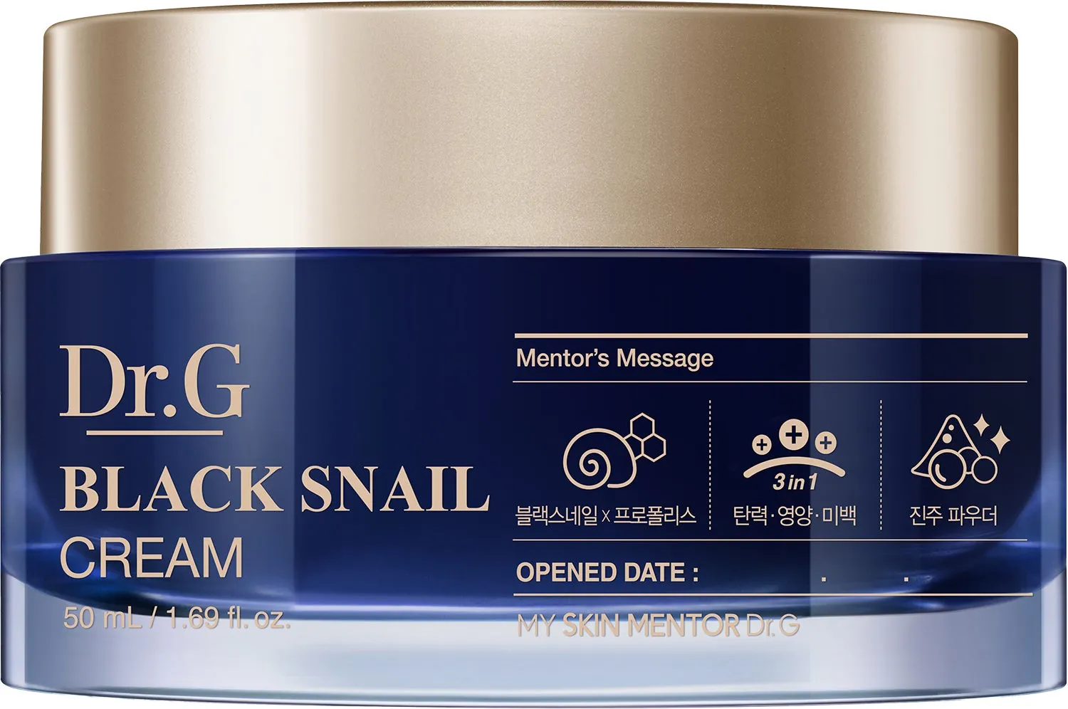 Dr.G ブラック スネイル クリームの製品画像です。製品は、黒いスネイルとプロポリス、弾力、栄養、美白、真珠パウダーを特徴としています。製品には、50 mL/1.69 fl. oz. と記載されています。