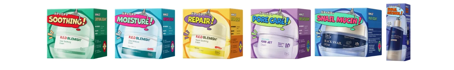 様々な種類のスキンケア製品が並んだ画像です。各製品は異なる効能を謳っており、SOOTHING、MOISTURE、REPAIR、PORE CARE、SNAIL MUCIN、SNAIL RETINOLといった製品があります。