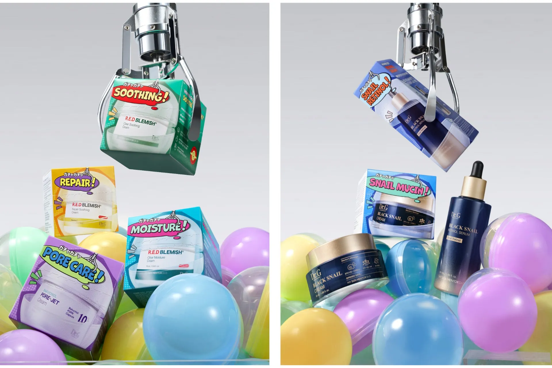 クレーンゲームでコスメが取れる様子を写した画像。様々な種類のスキンケア商品が並んでおり、ガチャガチャ風の装飾が施されている。