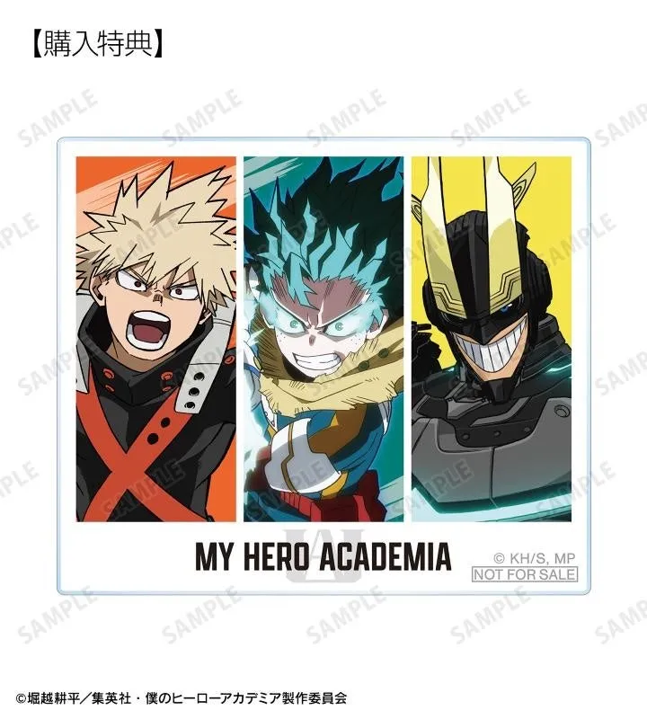 僕のヒーローアカデミアの購入特典の画像です。爆豪勝己、緑谷出久、オールマイトが描かれています。