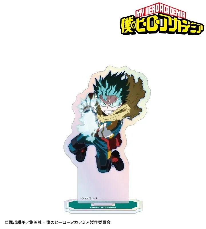 緑谷出久のアクリルスタンド。彼はヒーローのポーズをとっており、背景には「僕のヒーローアカデミア」のロゴが見える。