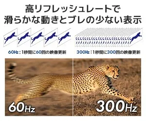 高リフレッシュレートで 滑らかな動きとブレの少ない表示 60Hz: 1秒間に60回の映像更新 300Hz:1秒間に300回の映像更新 60Hz 300Hz
