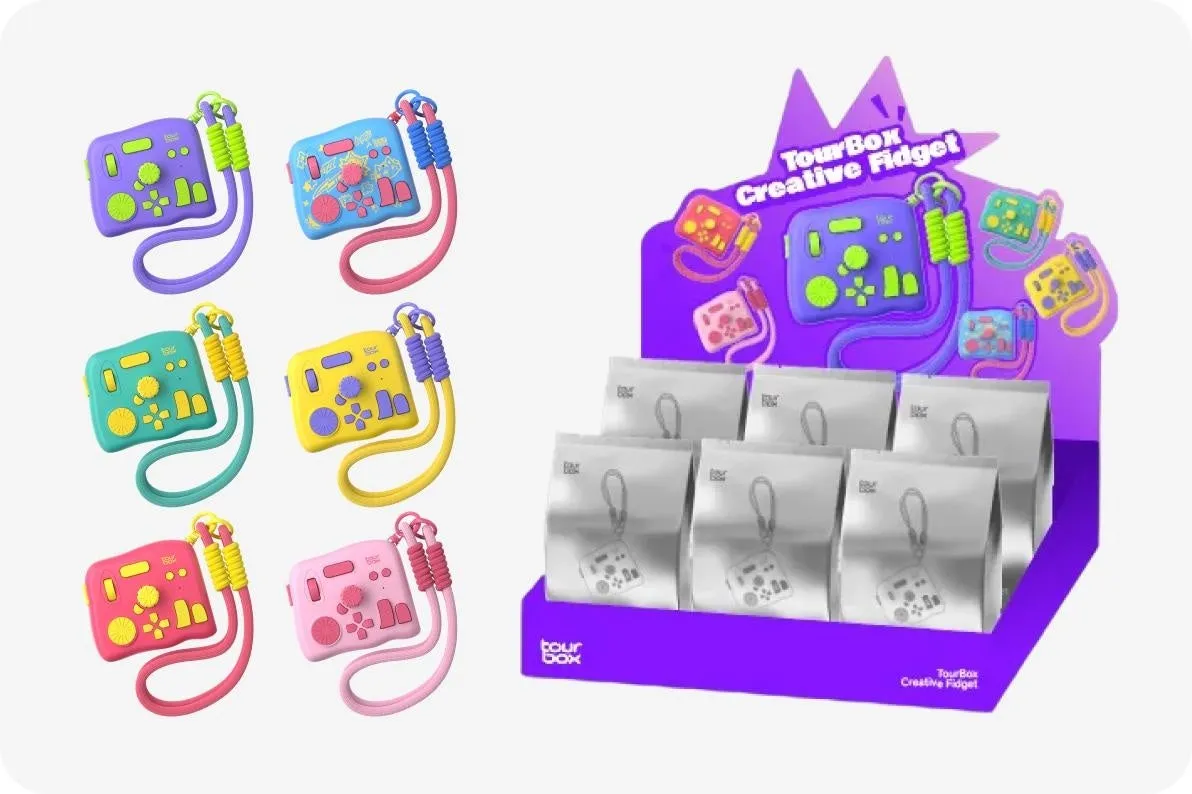 さまざまな色の TourBox Creative Fidget のディスプレイと、個別の Fidget の写真。