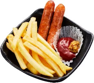 ソーセージとフライドポテトとソースの盛り合わせ