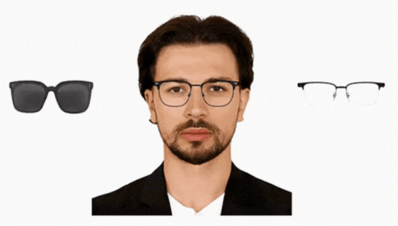 男性が3種類のメガネを比較している画像です。サングラス、四角いフレームのメガネ、ハーフリムのメガネがそれぞれ表示されており、男性は中央の四角いフレームのメガネをかけています。