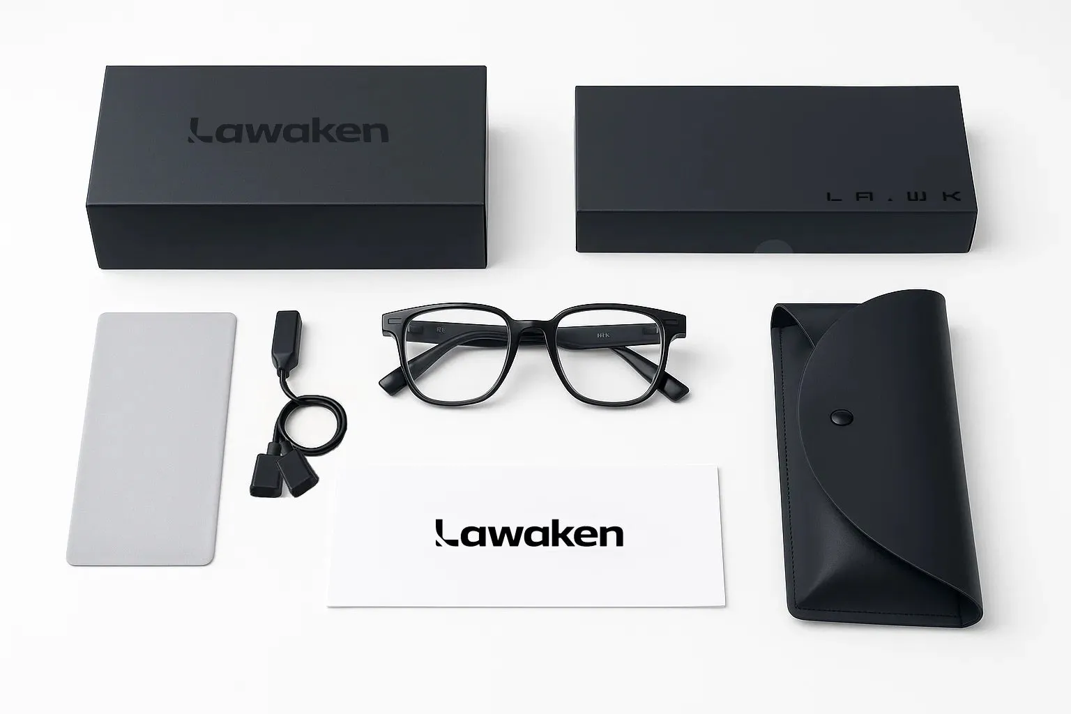 Lawakenのメガネ一式の写真です。メガネ、ケース、充電器、説明書、箱などが写っています。