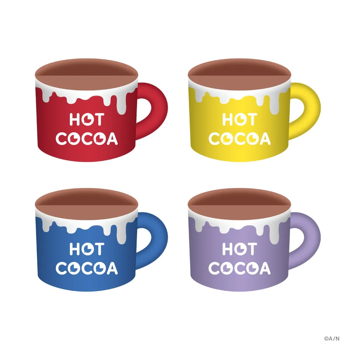 4色のホットココアのマグカップのイラスト
