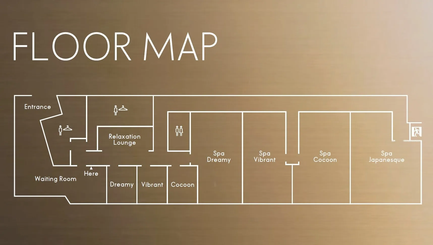 スパ施設のフロアマップです。入口、待合室、リラクゼーションラウンジ、スパ(Dreamy、Vibrant、Cocoon、Japanesque)が示されています。