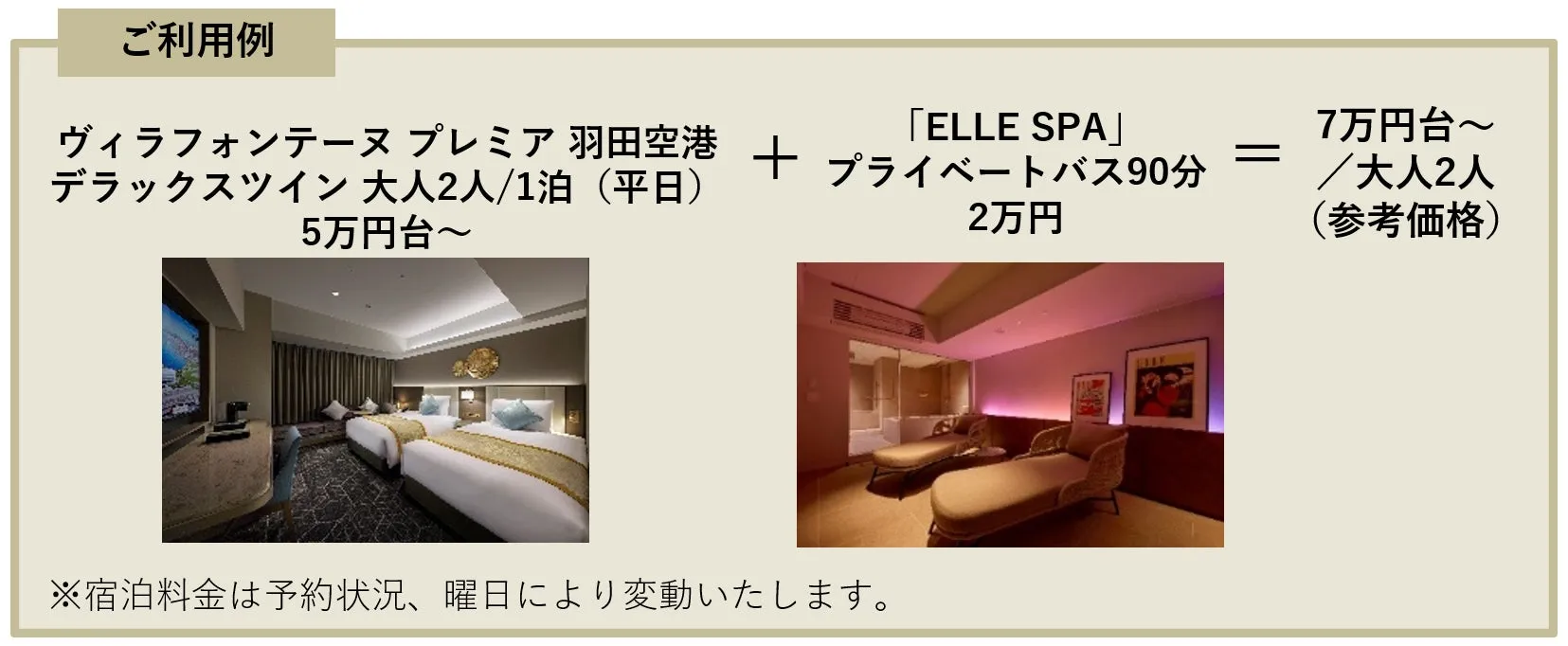 ヴィラフォンテーヌプレミア羽田空港のデラックスツイン大人2人1泊(平日)と、ELLE SPAのプライベートバス90分を組み合わせた利用例。料金は7万円台〜/大人2人(参考価格)です。
