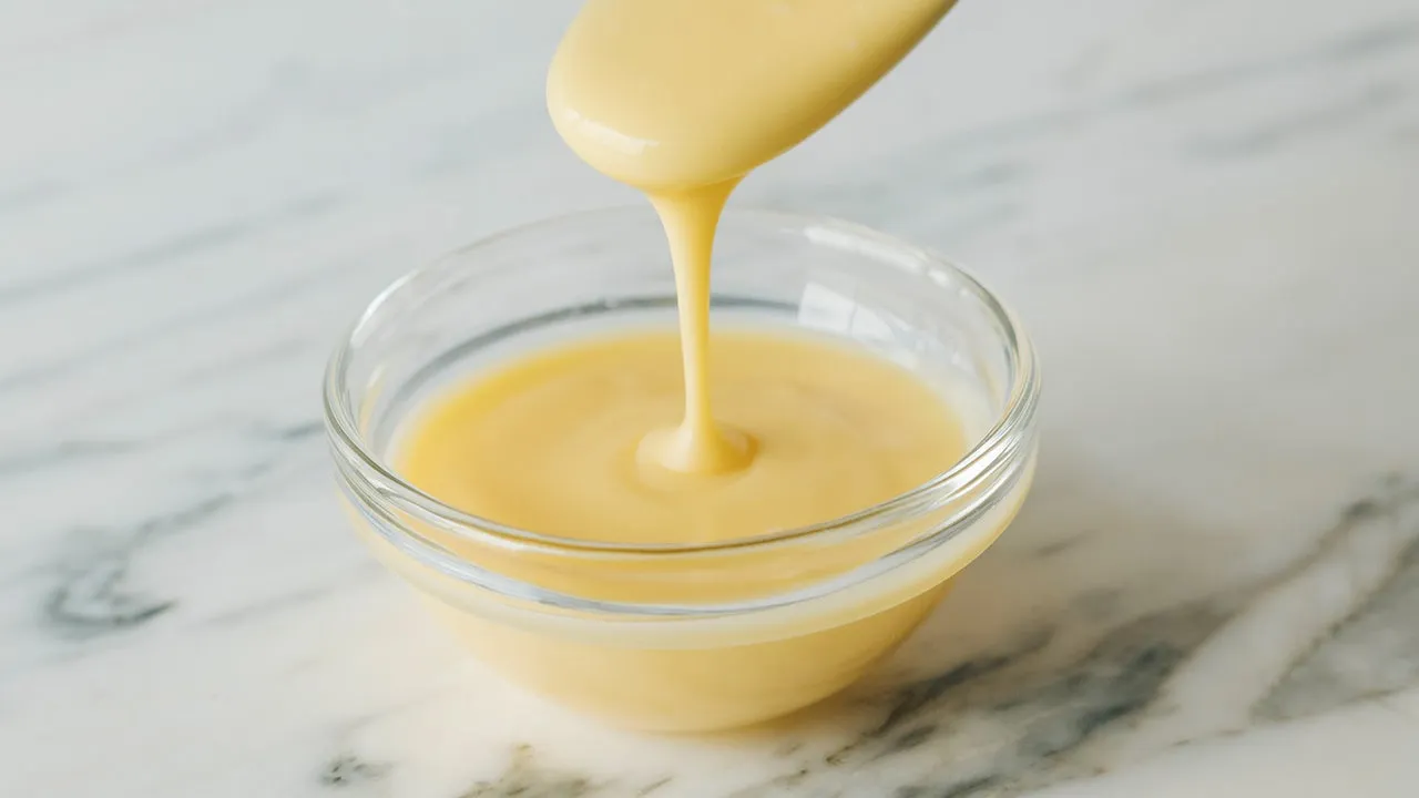 透明なガラスのボウルに注がれた、クリーム色の液体