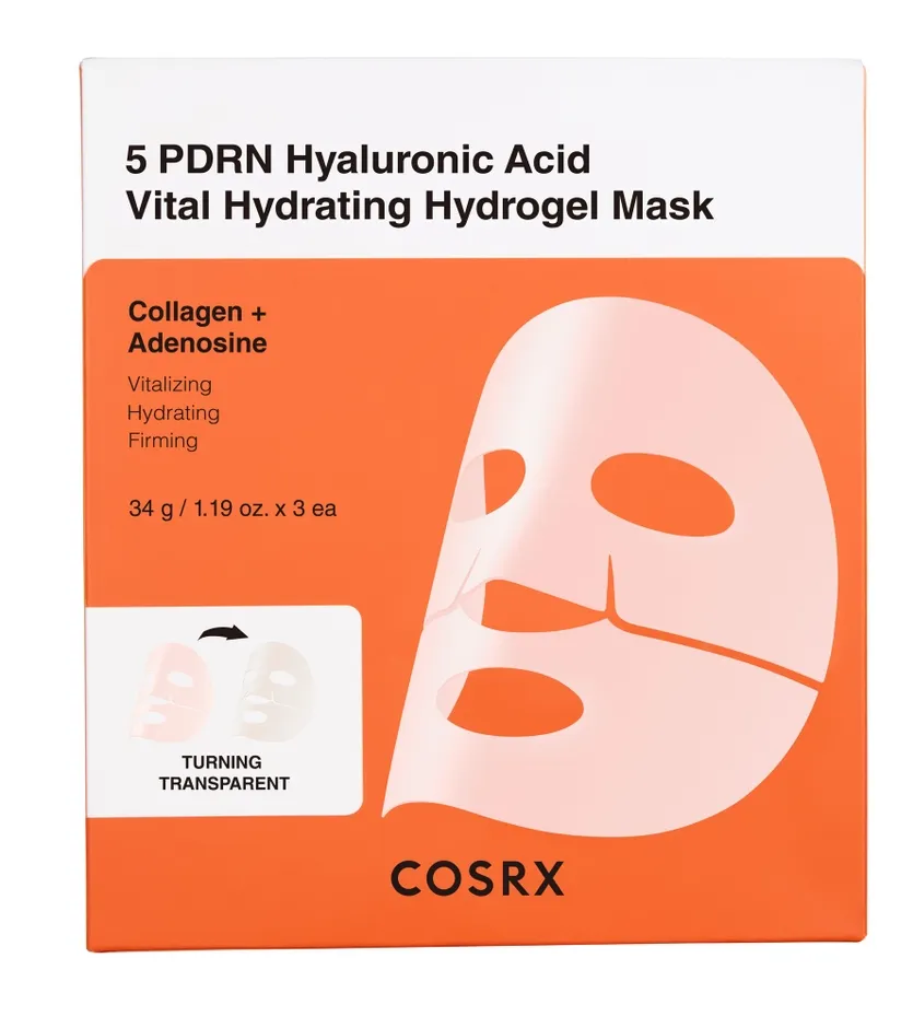 肌の保湿とハリを促すハイドロゲルマスクのパッケージです。コラーゲンとアデノシンを含み、肌の活力を高める効果が期待できます。