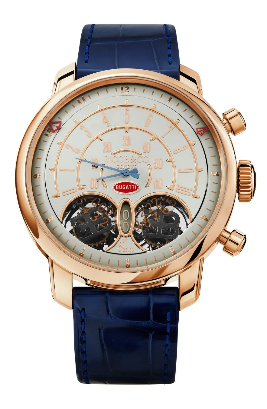 金のケースに白い文字盤と青い革ベルトが付いた高級腕時計