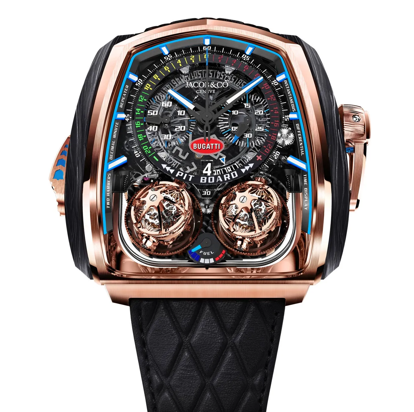 金色のケースと黒い文字盤、複雑なメカニズム