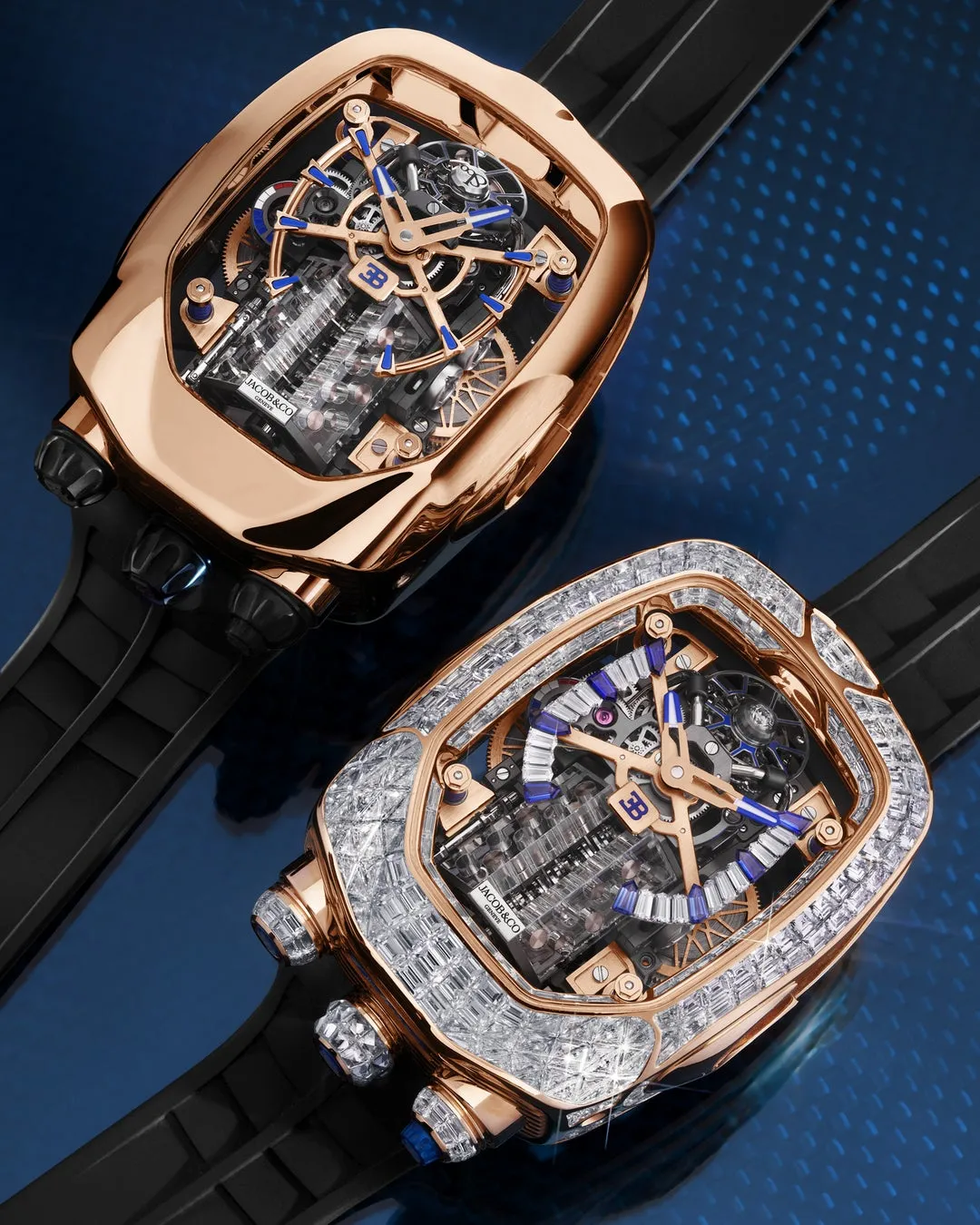 2つの高級時計。スケルトンデザイン