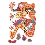 抽象的な人物のイラスト。赤、黄、青などの鮮やかな色使いで表現されている。人物は躍動感のあるポーズをとっており、背景には星のような形が描かれている。