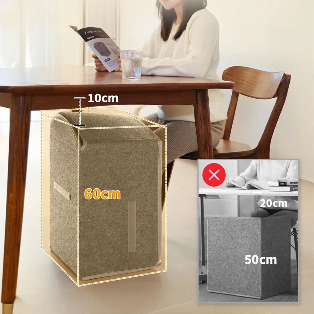 女性がテーブルの下に置かれた収納ボックスに座って本を読んでいる様子。ボックスのサイズが示されており、別のボックスとの比較も示されています。