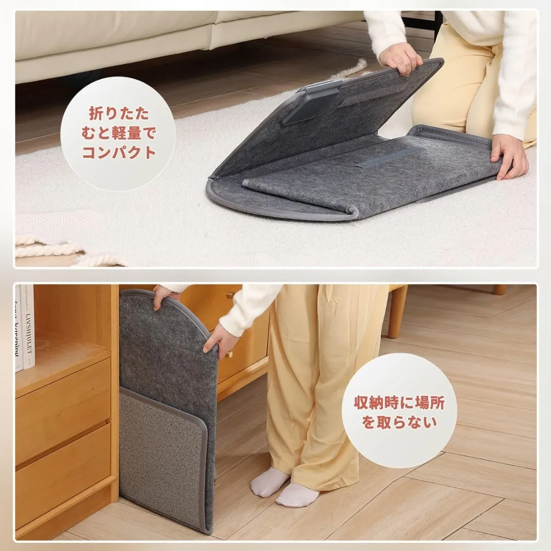 折りたたまれた状態のグレーのマット。収納時に場所を取らないことが示されている。