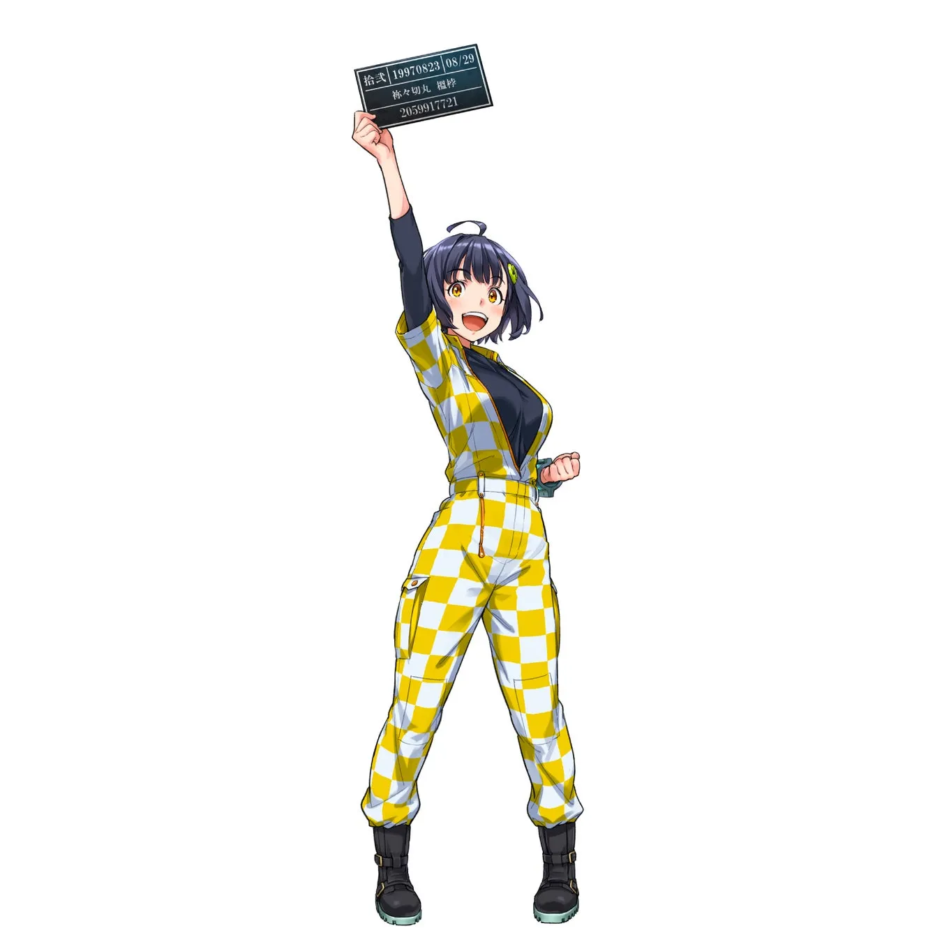 チェック柄のつなぎを着た女性キャラクターが、手札のようなものを持って立っているイラストです。