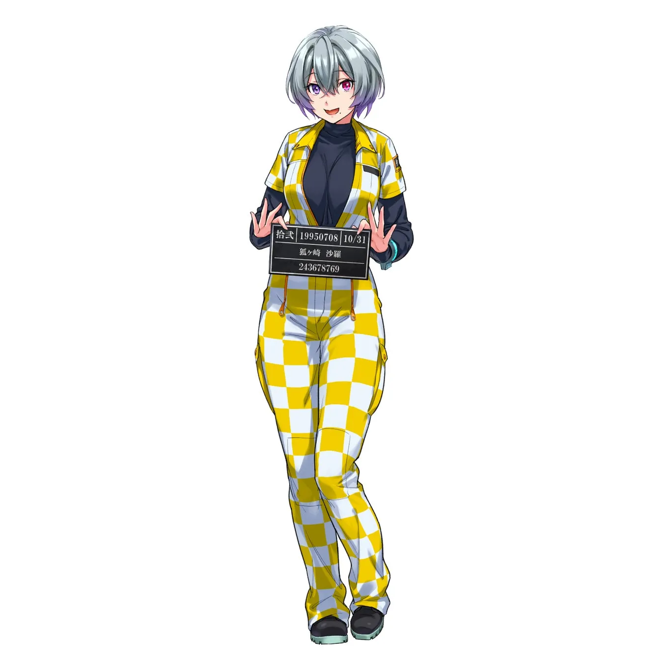 チェック柄の服を着た女性キャラクターのイラスト。手には名前が書かれたボードを持っている。