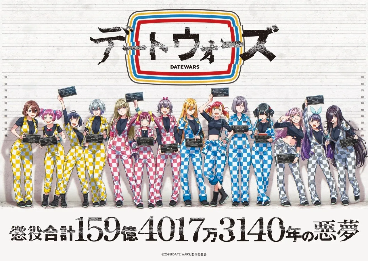 アニメ「デート・ア・ライブ」のキャラクターたちがチェック柄の囚人服を着て、手書きのボードを持っているイラスト。背景には目盛りがあり、タイトルロゴが配置されている。