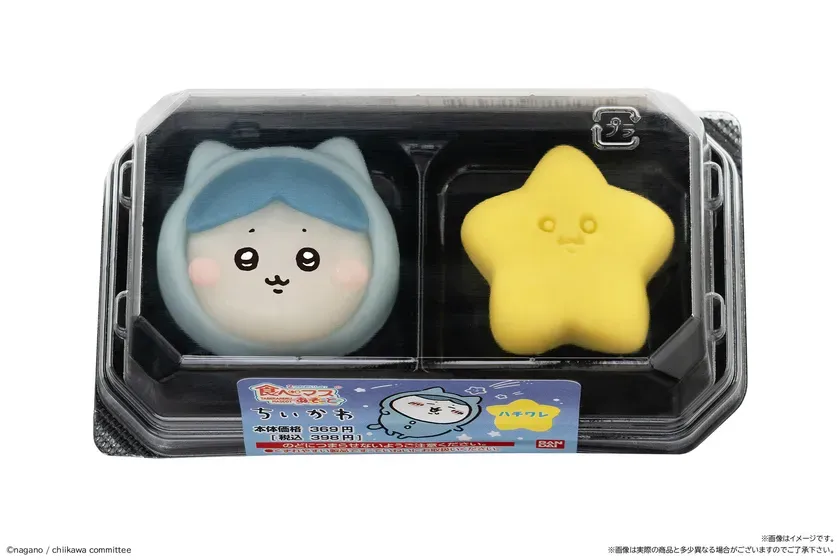 ちいかわとハチワレのキャラクターをモチーフにした和菓子。容器に入っており、可愛らしい見た目が特徴的。
