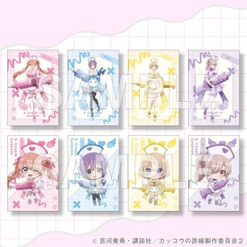 アニメ「カッコウの許嫁」のキャラクターたちが描かれたトレーディングカードのイラスト。各カードには、看護師の格好をしたキャラクターが描かれており、ピンク、水色、黄色、紫などの背景色で彩られています。
