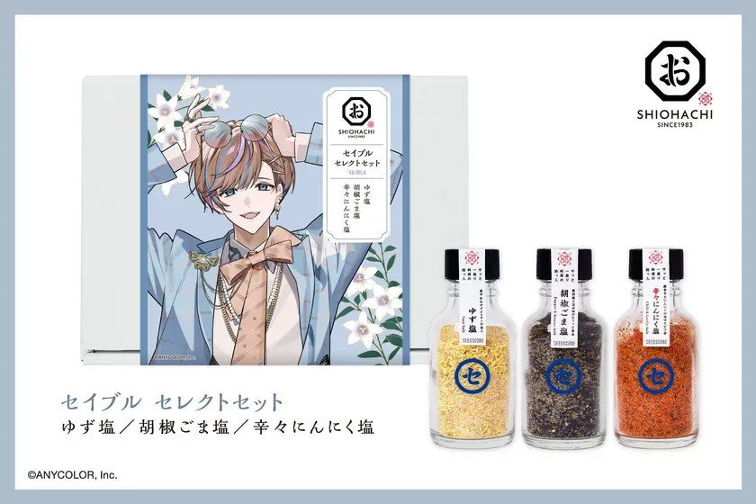 キャラクターが描かれたパッケージの塩のセットの広告画像。ゆず塩、胡椒ごま塩、辛々にんにく塩の3種類の塩が入っている。パッケージにはキャラクターのイラストが描かれており、スタイリッシュなデザイン。