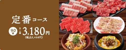 焼肉コースの料金と料理の写真が写っています。