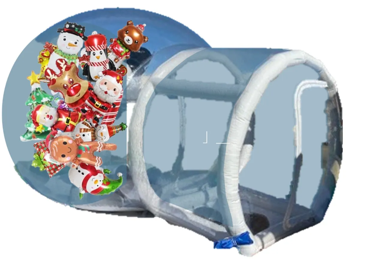 クリスマスをテーマにした風船のグループと、白いフレームと青い背景のトンネル。