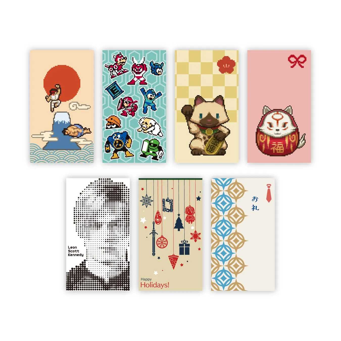 様々なデザインのカードが並んだ画像。ピクセルアートやイラストが特徴的で、日本の要素やクリスマスの要素が混在している。