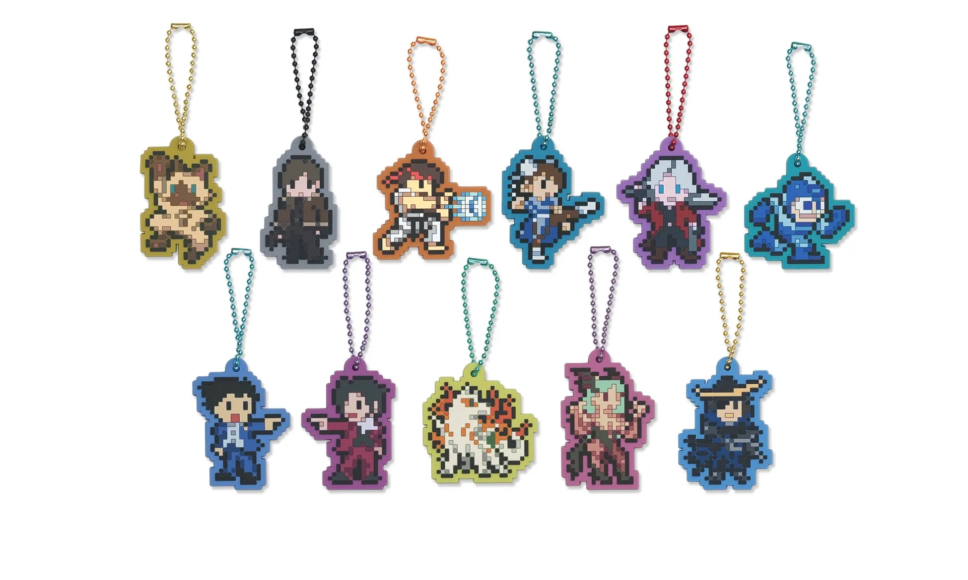 キャラクターをピクセルアート風に描いたキーホルダーの集合写真です。様々なキャラクターがデザインされています。
