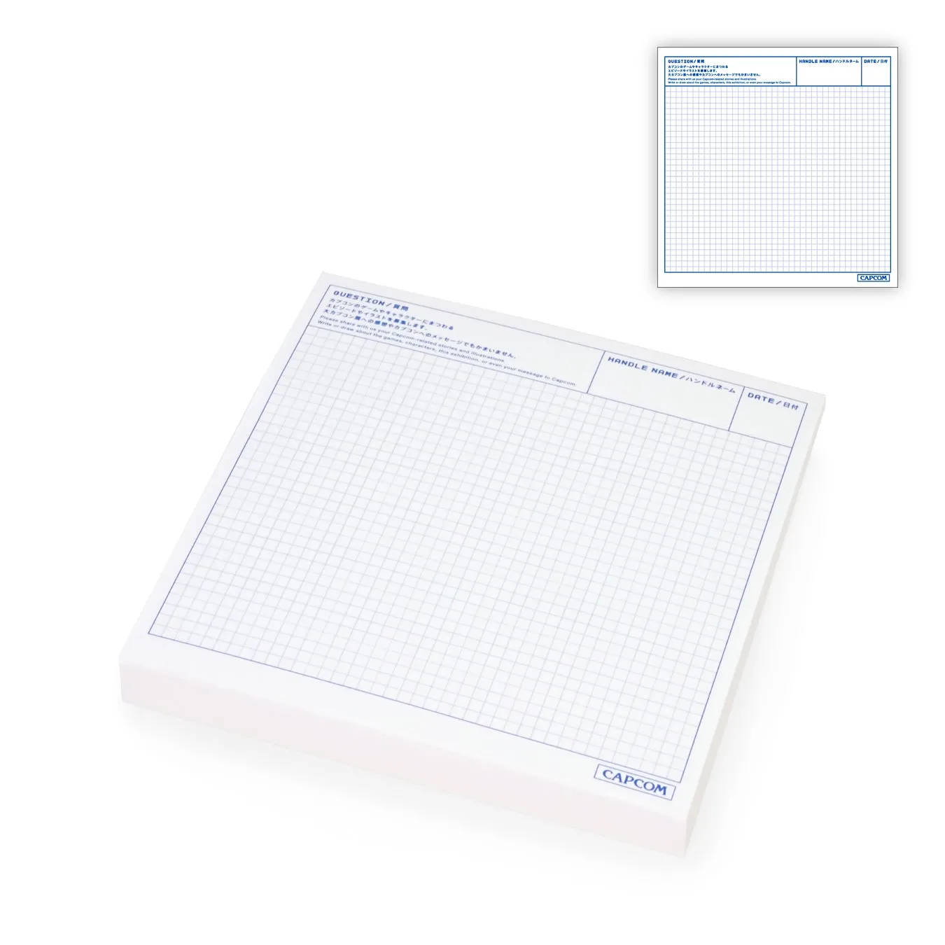 カプコンのロゴが入った、質問やメッセージを書くためのノートの画像。ノートは方眼紙になっており、質問やエピソード、イラストを募集する旨のテキストが記載されている。