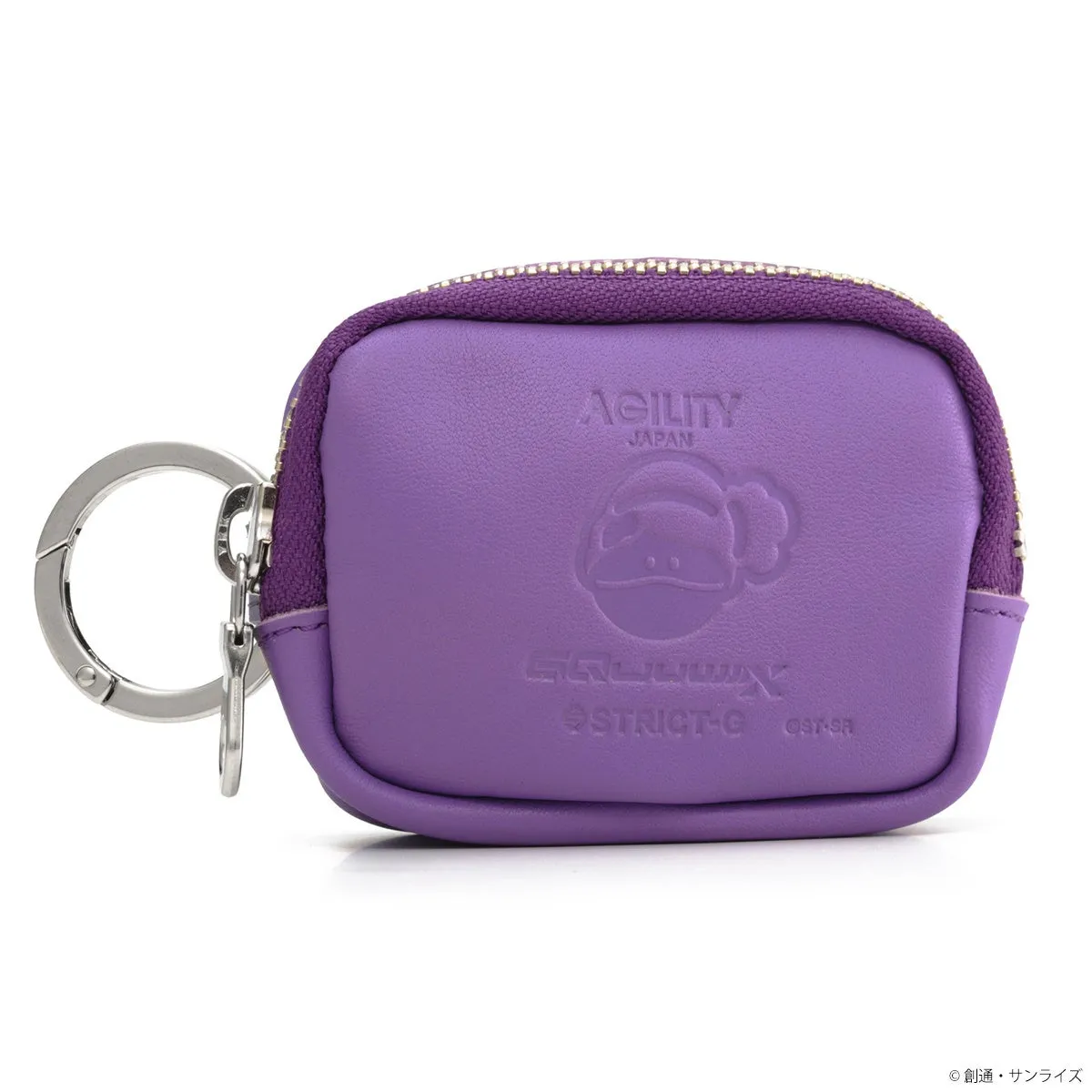 紫色のポーチ。AGILITY JAPAN、GALLUX、STRICT-Gのロゴとキャラクターがエンボス加工されています。キーホルダーが付いています。
