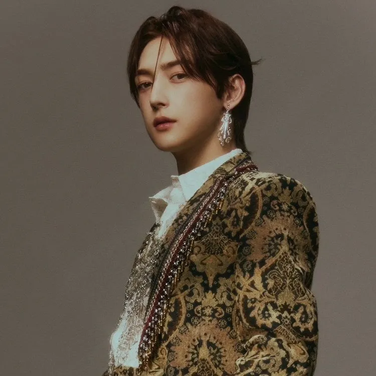 茶色の髪の男性が、模様入りのジャケットを着て、カメラに向かってポーズをとっています。彼はイヤリングをしていて、背景はグレーです。