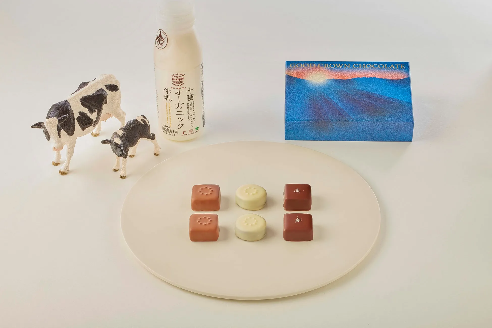 白い皿の上にチョコレート、牛乳の瓶、牛の置物、チョコレートの箱が置かれた写真です。