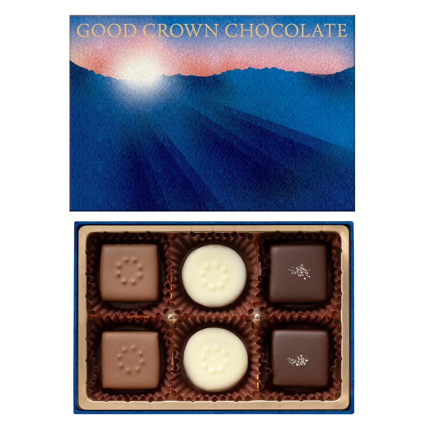 チョコレートの箱。チョコレートが6つ入っており、パッケージには夕焼けのような風景が描かれている。