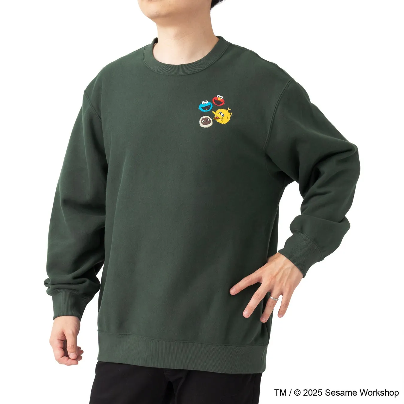 セサミストリートのキャラクターがプリントされたグリーンのスウェットを着ている男性の画像です。