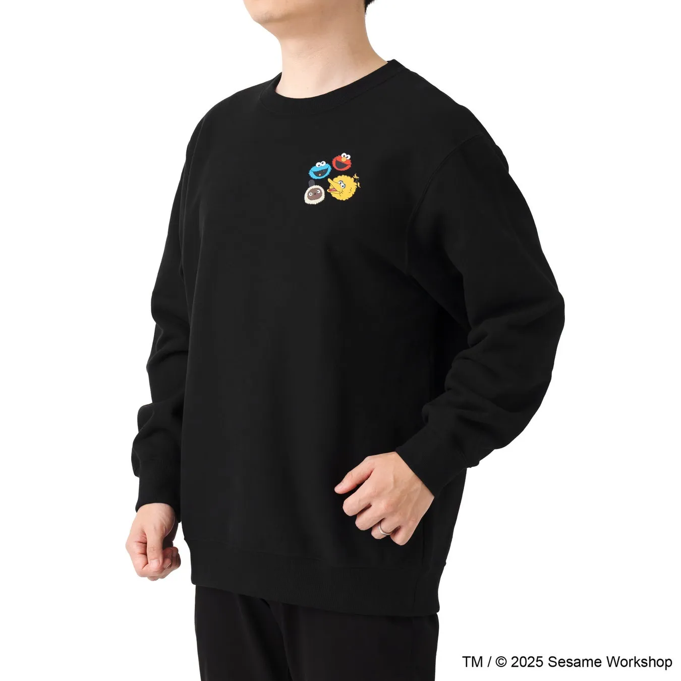 黒いトレーナーを着た男性。トレーナーにはセサミストリートのキャラクターが描かれており、ブランド名が記載されている。