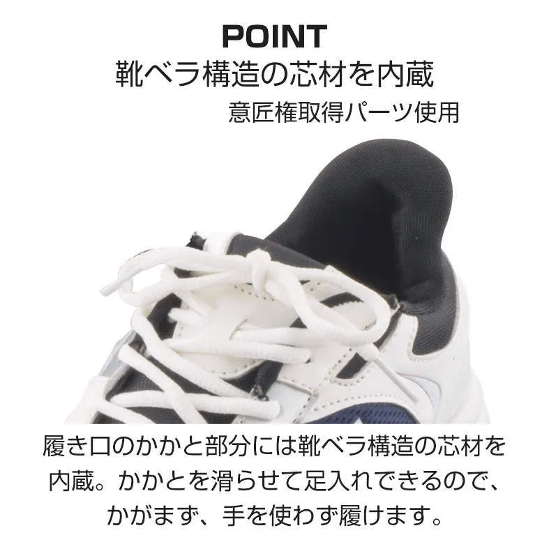 靴の機能性を説明した画像です。靴ベラ構造の芯材を内蔵し、かかと部分を滑らせて足入れできる特徴を紹介しています。