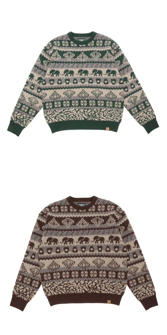 2つのセーターが写っています。上段は緑色ベースで、象の模様と花の模様がデザインされています。下段は茶色ベースで、同様に象と花の模様がデザインされています。