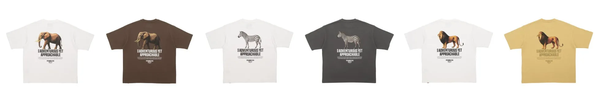 さまざまなデザインのTシャツが並んだ画像。象、シマウマ、ライオンのイラストがプリントされており、それぞれ異なる色合いのTシャツが並んでいる。