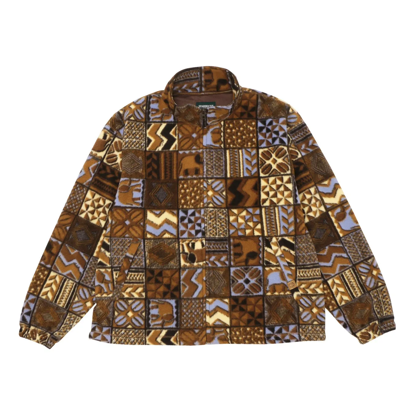 茶色を基調とした幾何学模様のフリースジャケット
