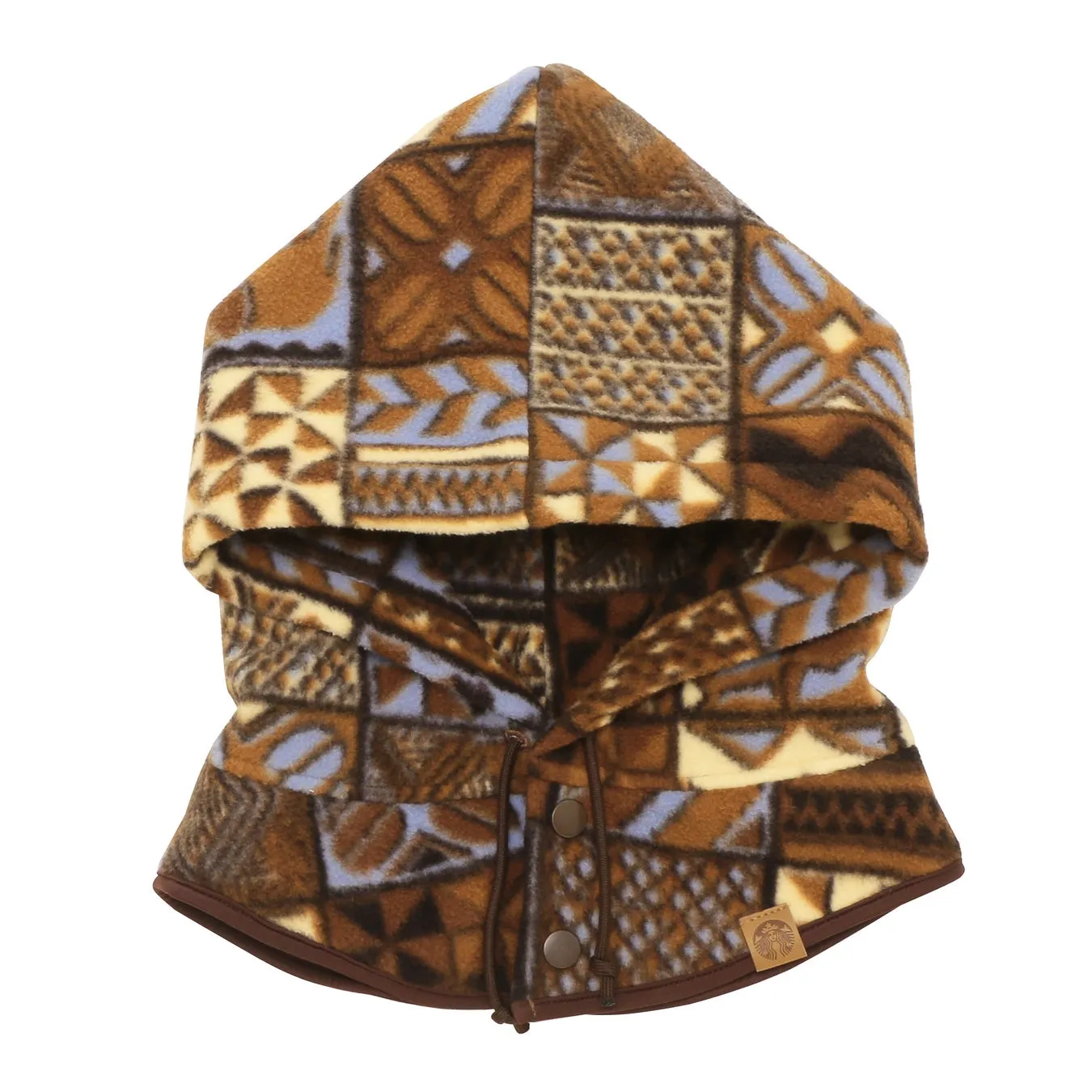 茶色を基調とした幾何学模様のフードウォーマーです。紐とボタンで開閉でき、首元まで覆うことができます。