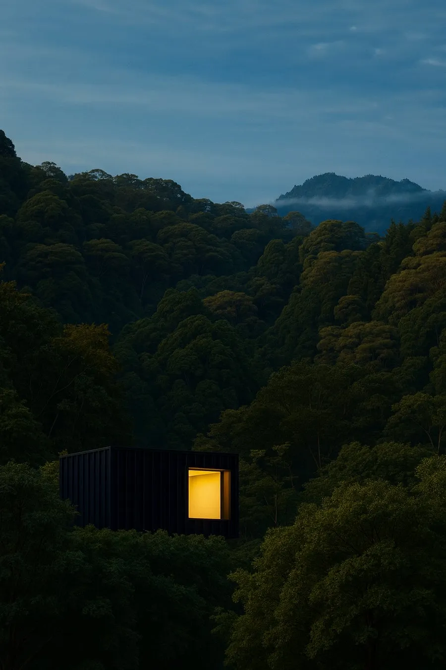 山の斜面に建つ黒い箱型の建物。窓から光が漏れ、周囲を鬱蒼とした緑の木々が囲んでいる。夕暮れ時の静寂と温かさが感じられる。