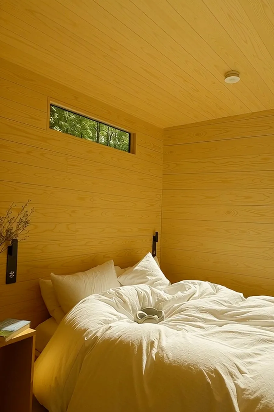 木材で覆われた内装のベッドルーム。窓から緑が見え、ベッドには白い寝具が置かれています。
