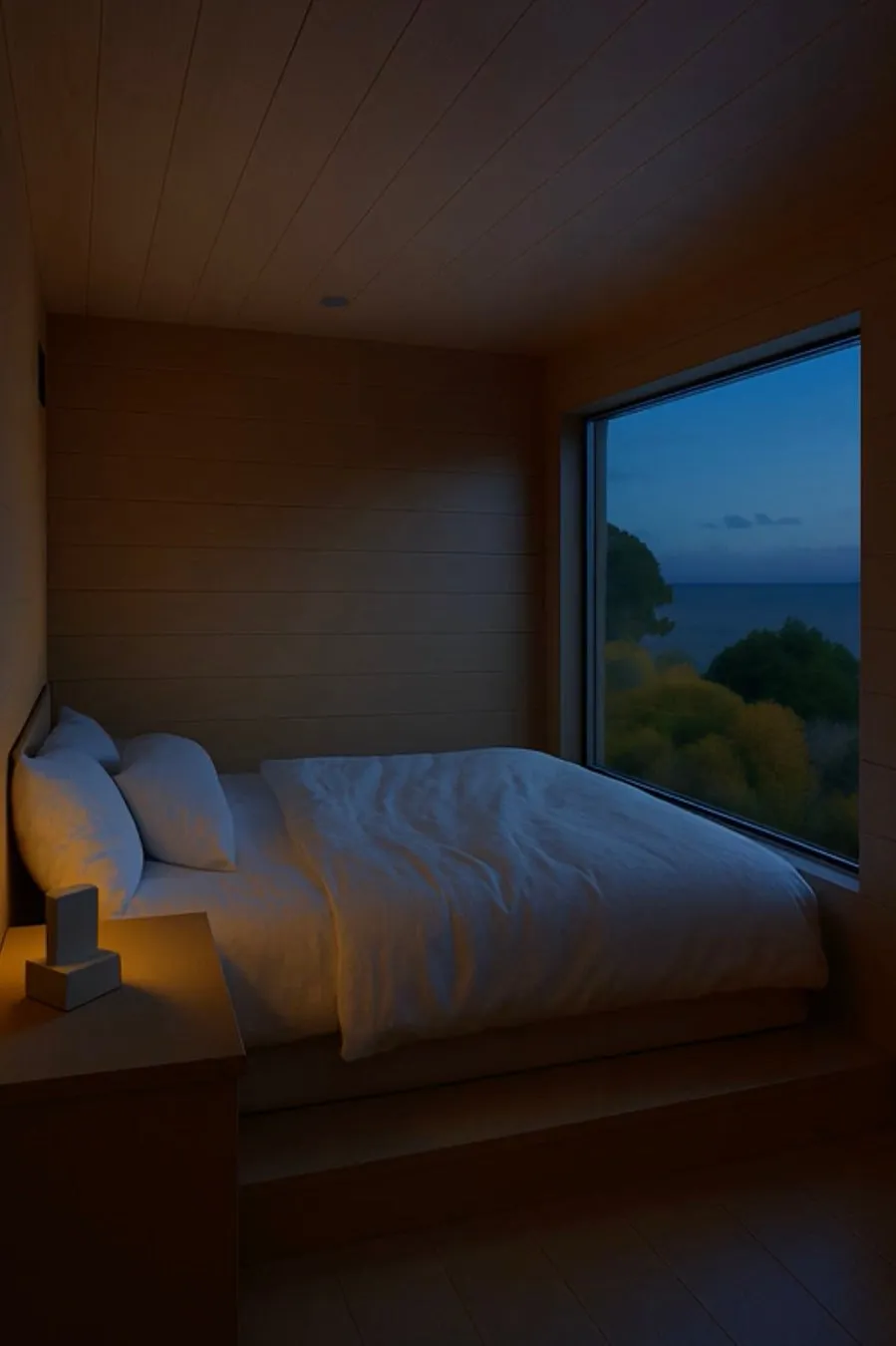 窓から海の見えるベッドルーム。木製の壁と天井、白い寝具が特徴で、夜の雰囲気を作り出している。