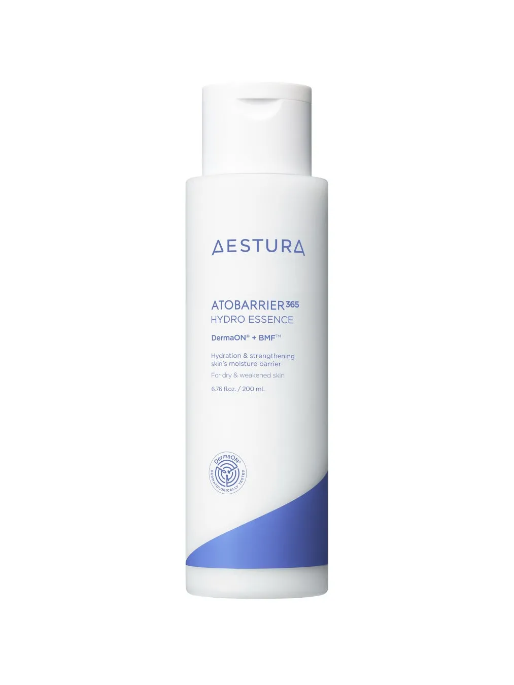 白を基調とした化粧品のボトルの写真。製品名は「AESTURA ATOBARRIER 365 HYDRO ESSENCE」で、肌の保湿と強化を目的とした製品であることが示されている。